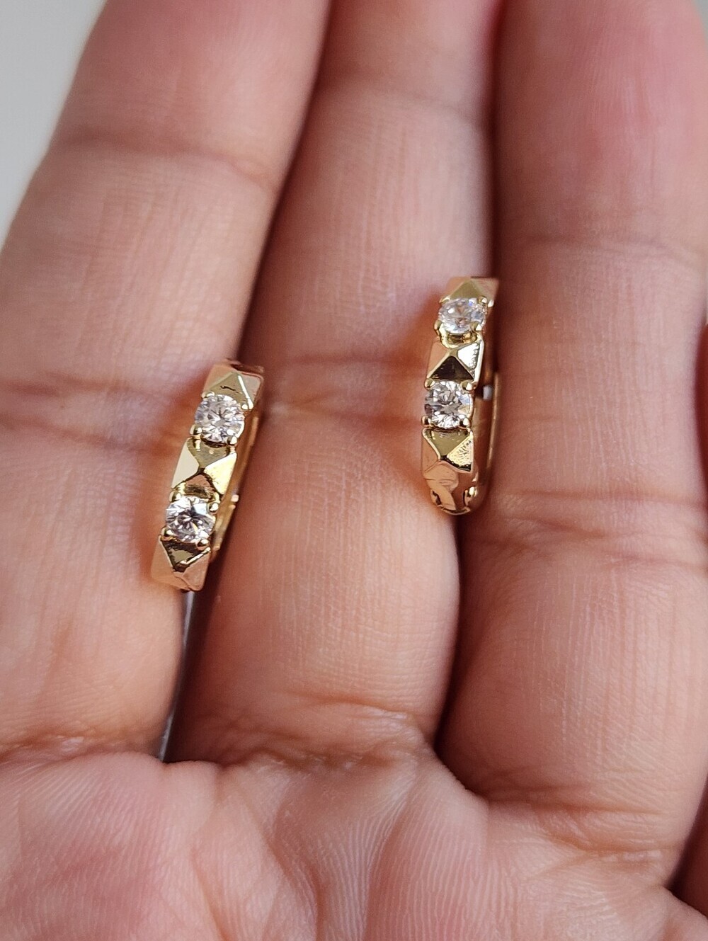 Gold Plated CZ Huggie Hoop Earrings Geometric Studded Mini Hoops